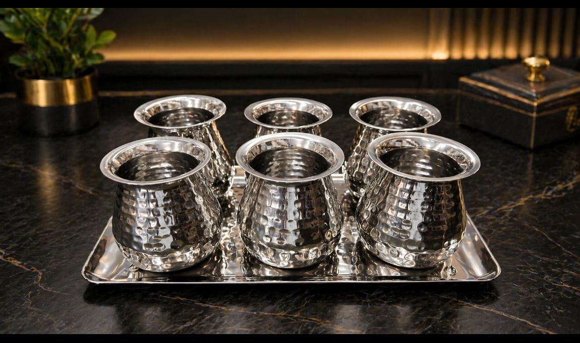 Lime ss Hammered lota with tray (6 Lota with tray ) color option (silver/ gold/Rose gold )