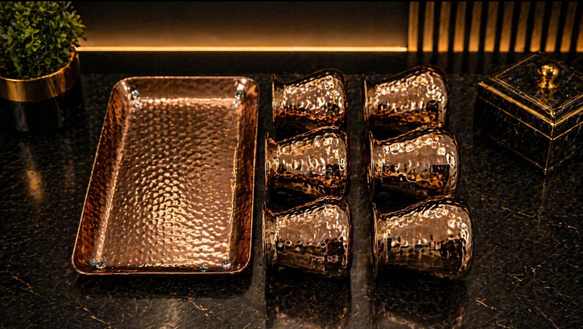 Lime ss Hammered lota with tray (6 Lota with tray ) color option (silver/ gold/Rose gold )