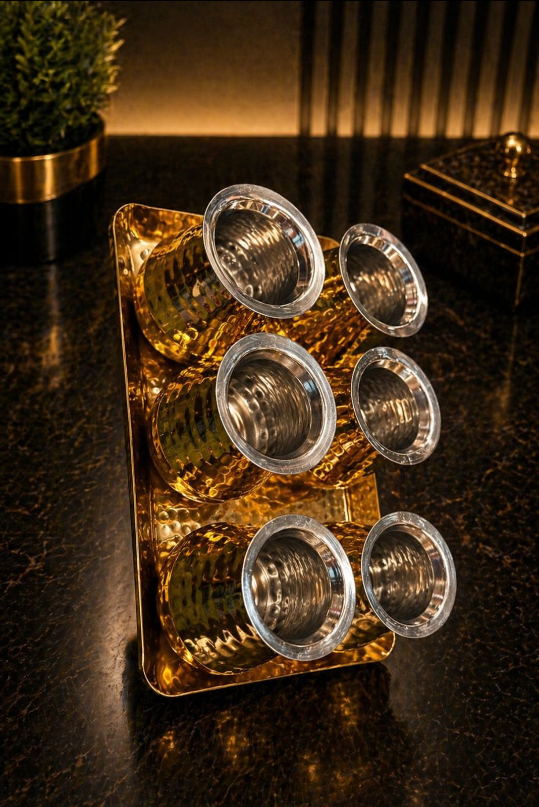 Lime ss Hammered lota with tray (6 Lota with tray ) color option (silver/ gold/Rose gold )