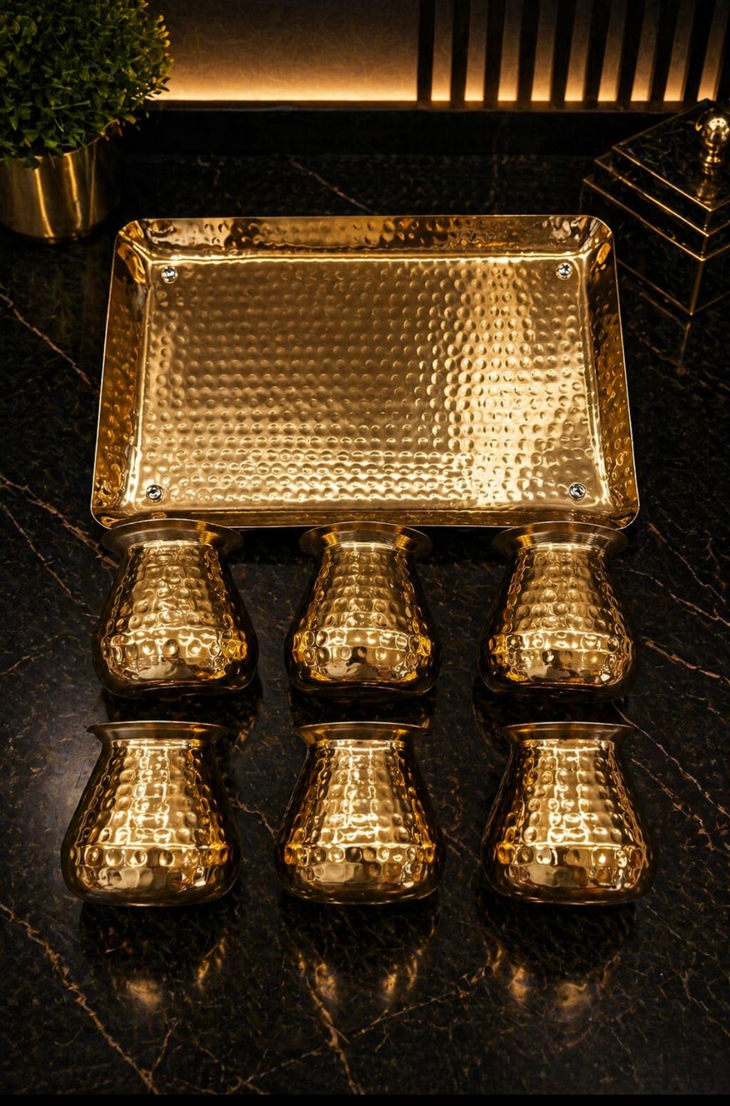 Lime ss Hammered lota with tray (6 Lota with tray ) color option (silver/ gold/Rose gold )