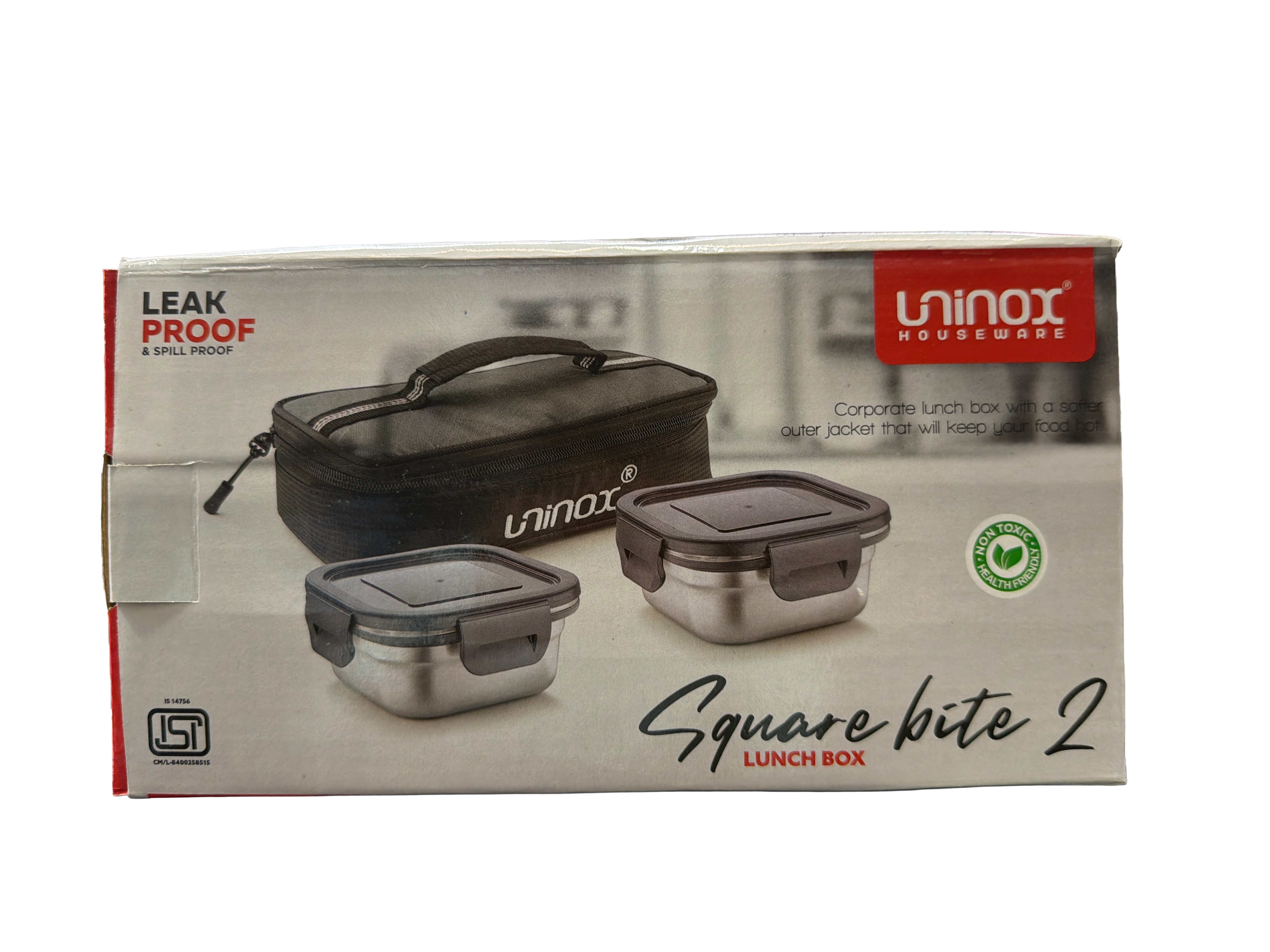 uninox square bite Stainless Steel Lunch Box with 2 Leak-Proof Containers, 1 Plastic Fabric Carry Bag | Office, School & Travel Tiffin | BPA-Free & Durable | Multipurpose