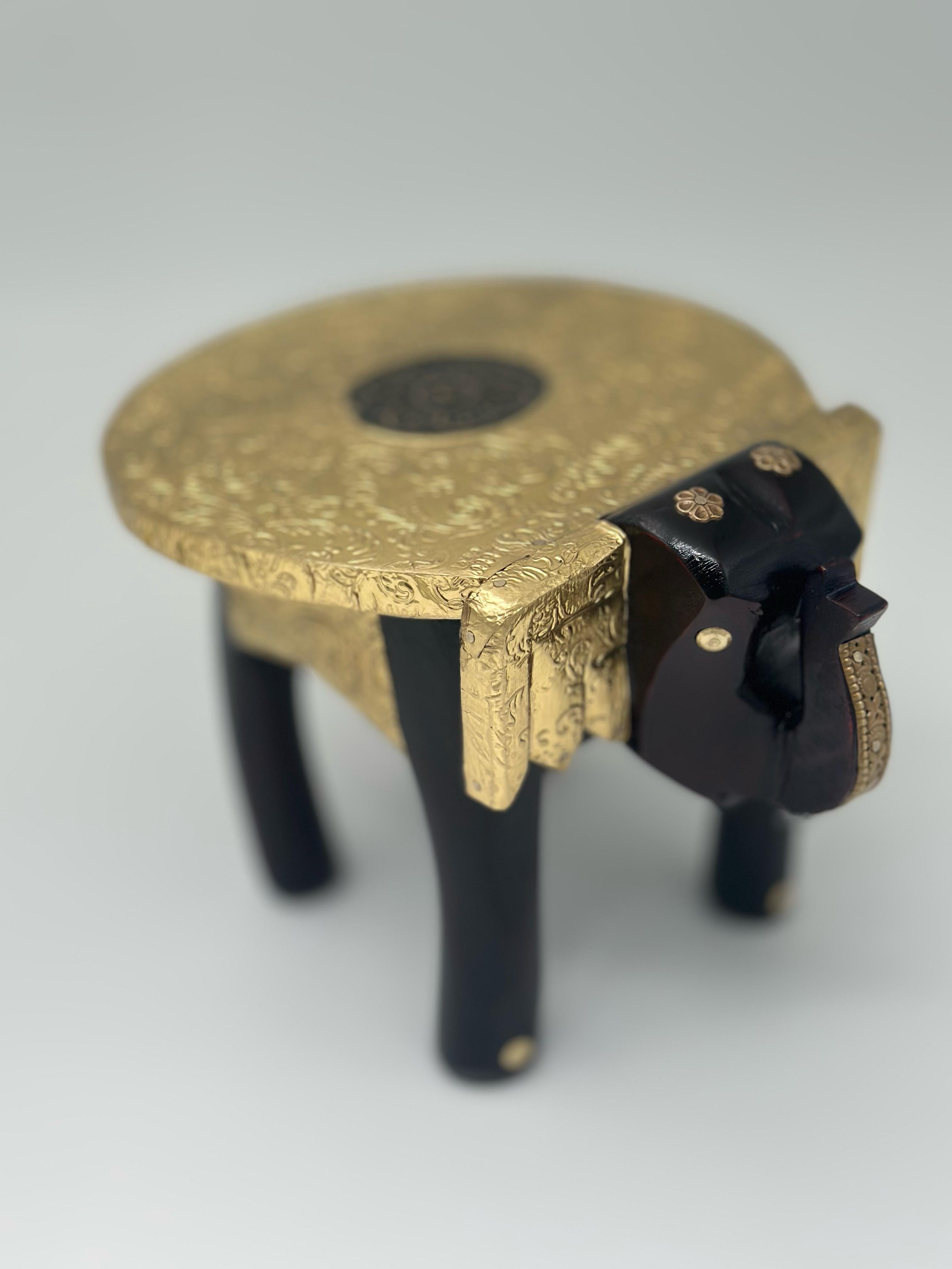 Lime Wooden Elephant Table Cum Stool/Handcrafted with Brass Inlay (Brown Colour) Bajot