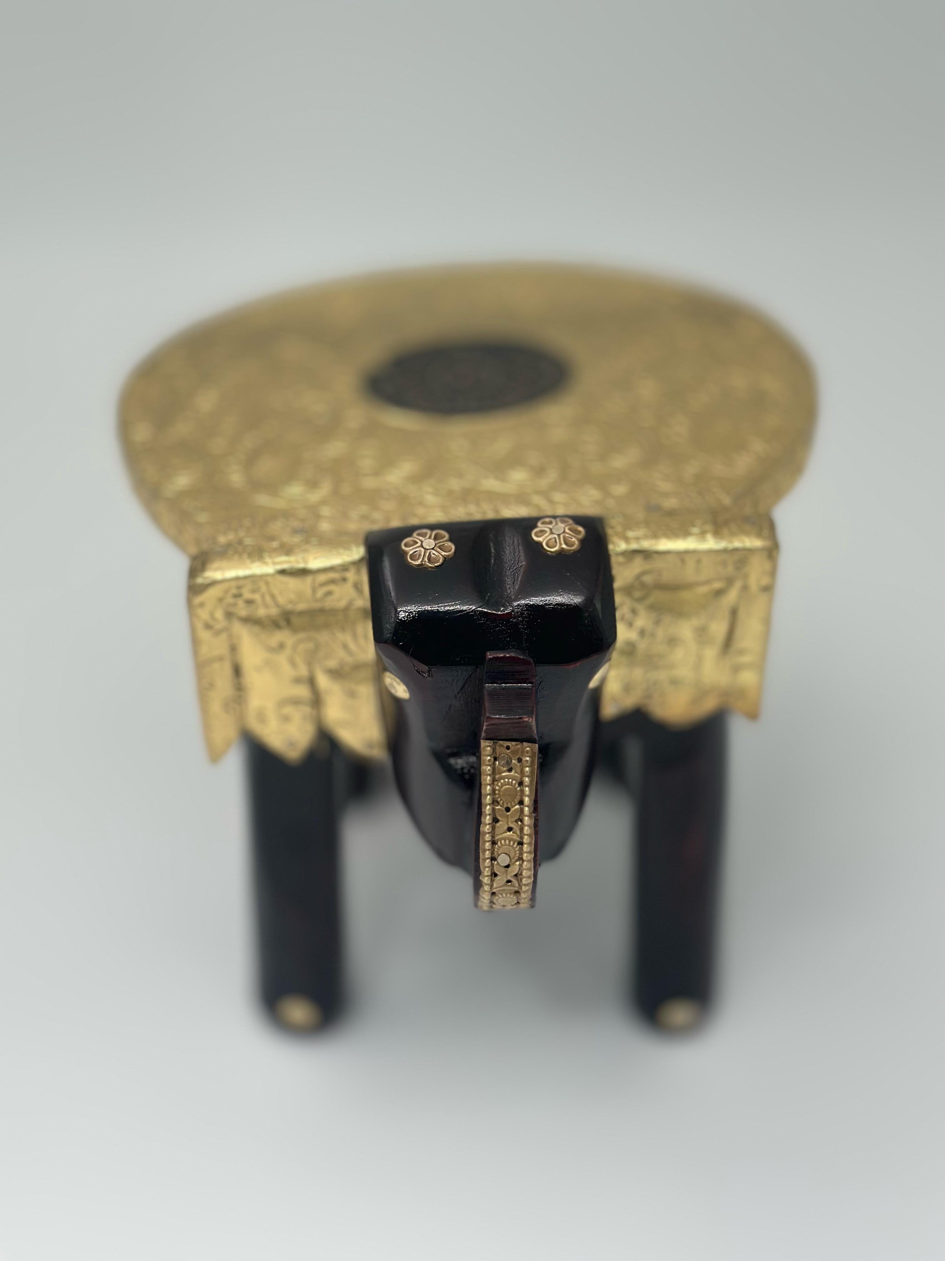 Lime Wooden Elephant Table Cum Stool/Handcrafted with Brass Inlay (Brown Colour) Bajot