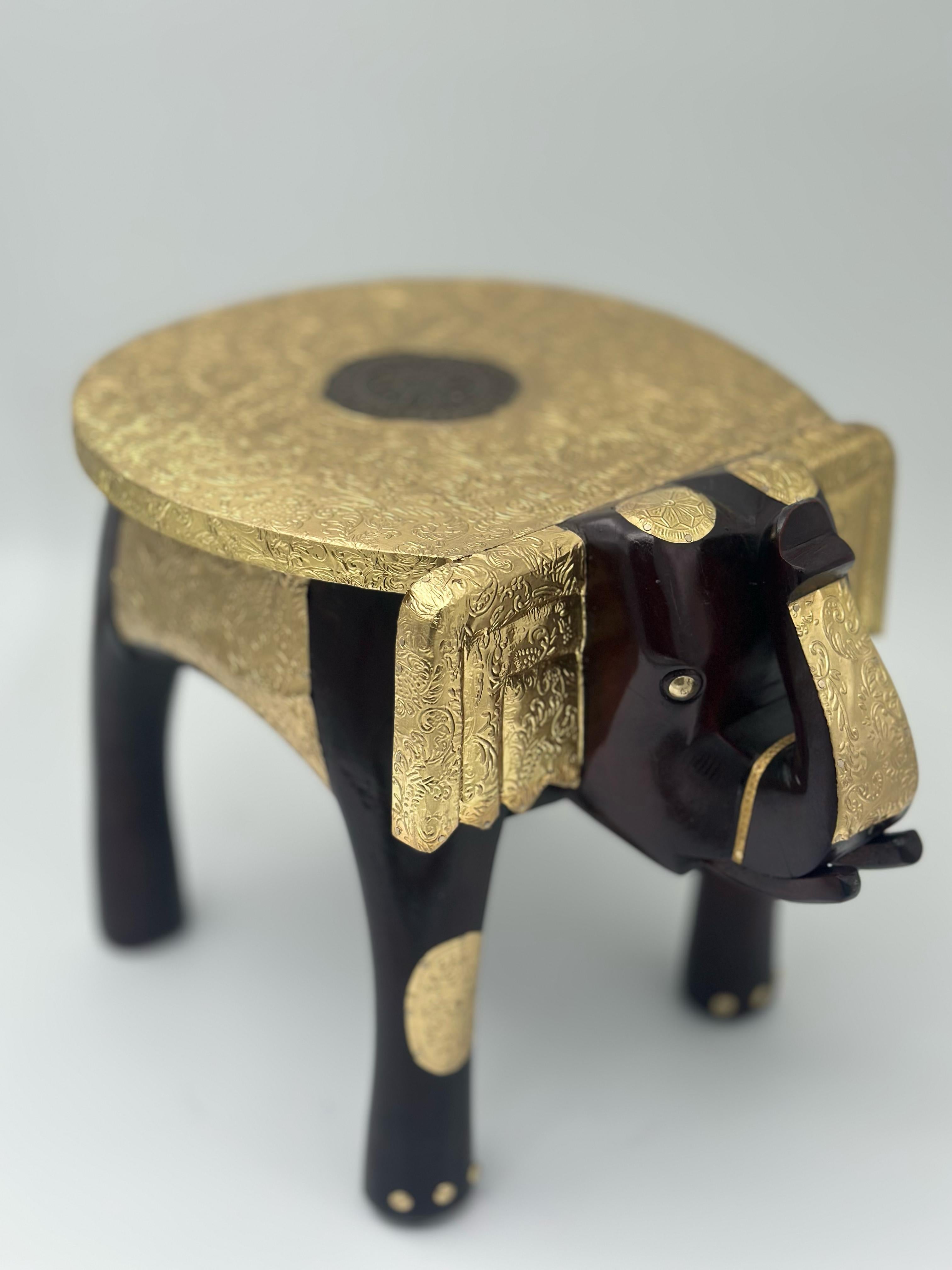 Lime Wooden Elephant Table Cum Stool/Handcrafted with Brass Inlay (Brown Colour) Bajot