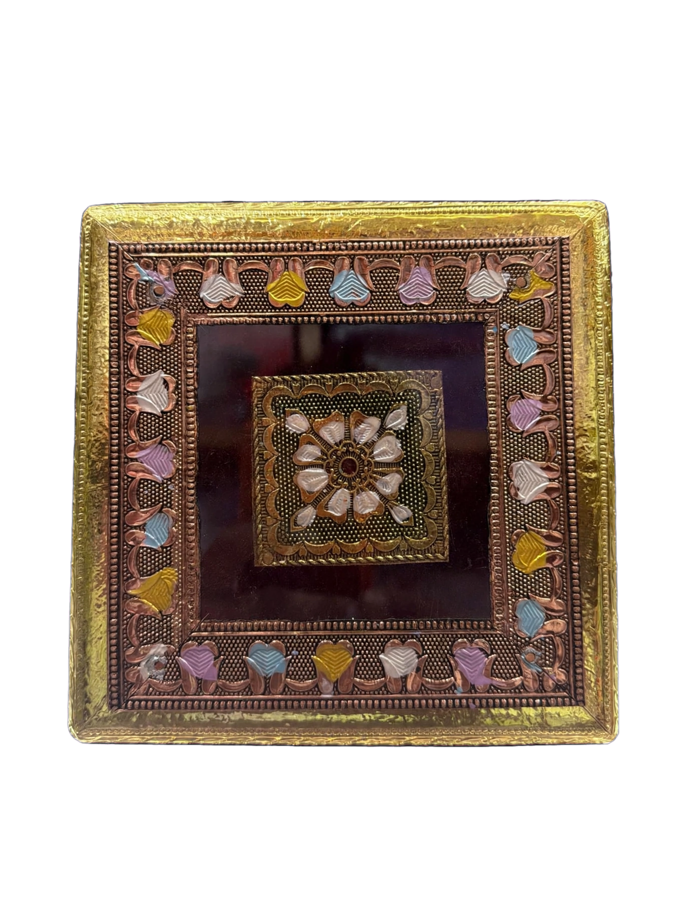 LIME Wooden Meenakari Puja Chowki Bajot - Single Piece | Velvet Sides, Golden Embossed Design | Pooja Chowki for Mandir, Home & Festival Decoration (Available in 6 Sizes)