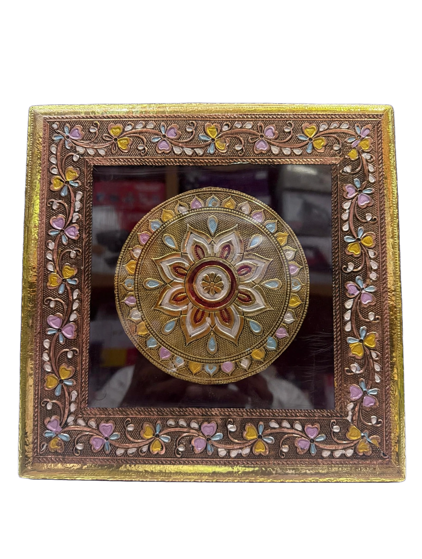 LIME Wooden Meenakari Puja Chowki Bajot - Single Piece | Velvet Sides, Golden Embossed Design | Pooja Chowki for Mandir, Home & Festival Decoration (Available in 6 Sizes)