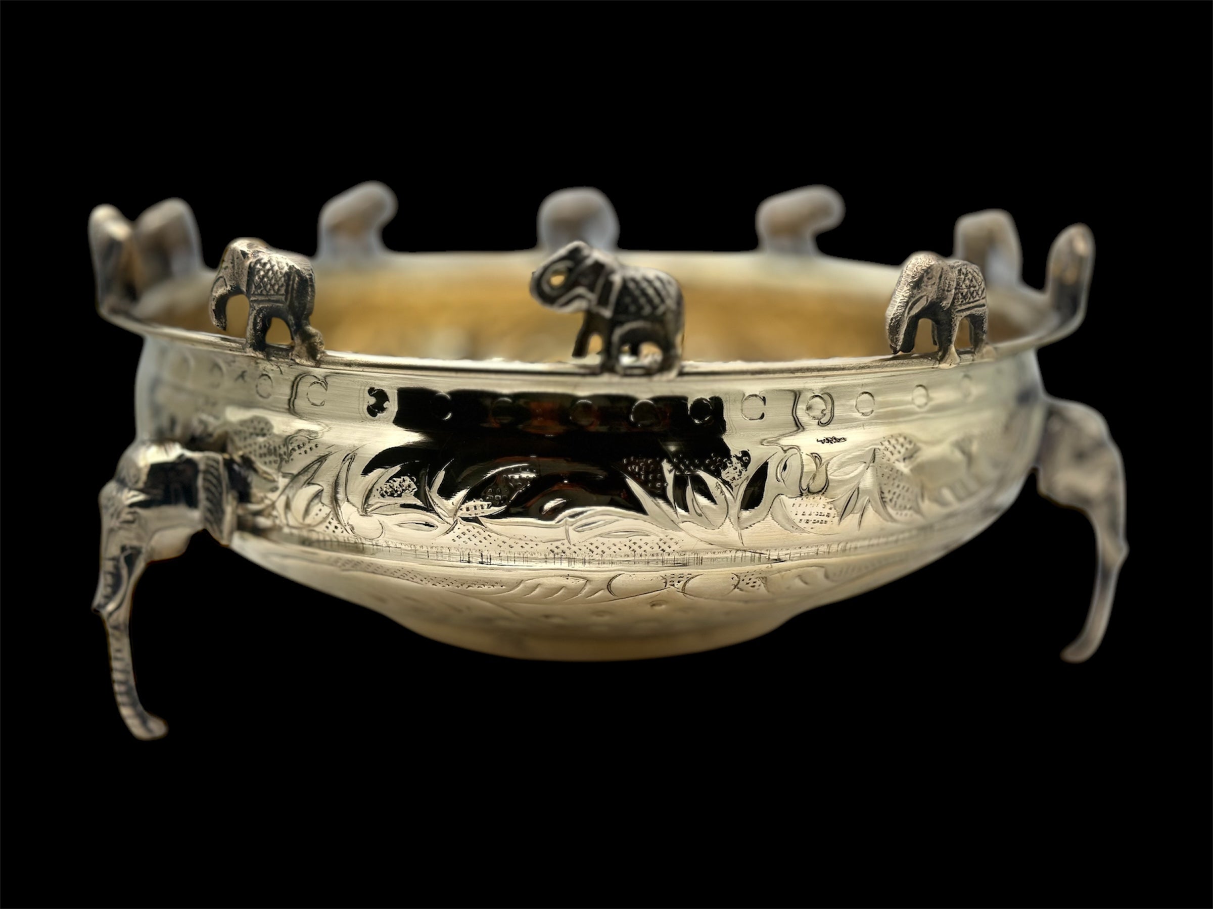 Brass Decorative Urli for Home Decoration | Embossed Urli | Elephant Brass Highly Polished Urli | Best for Diwali, Pooja, Mandir, Festive Decoration