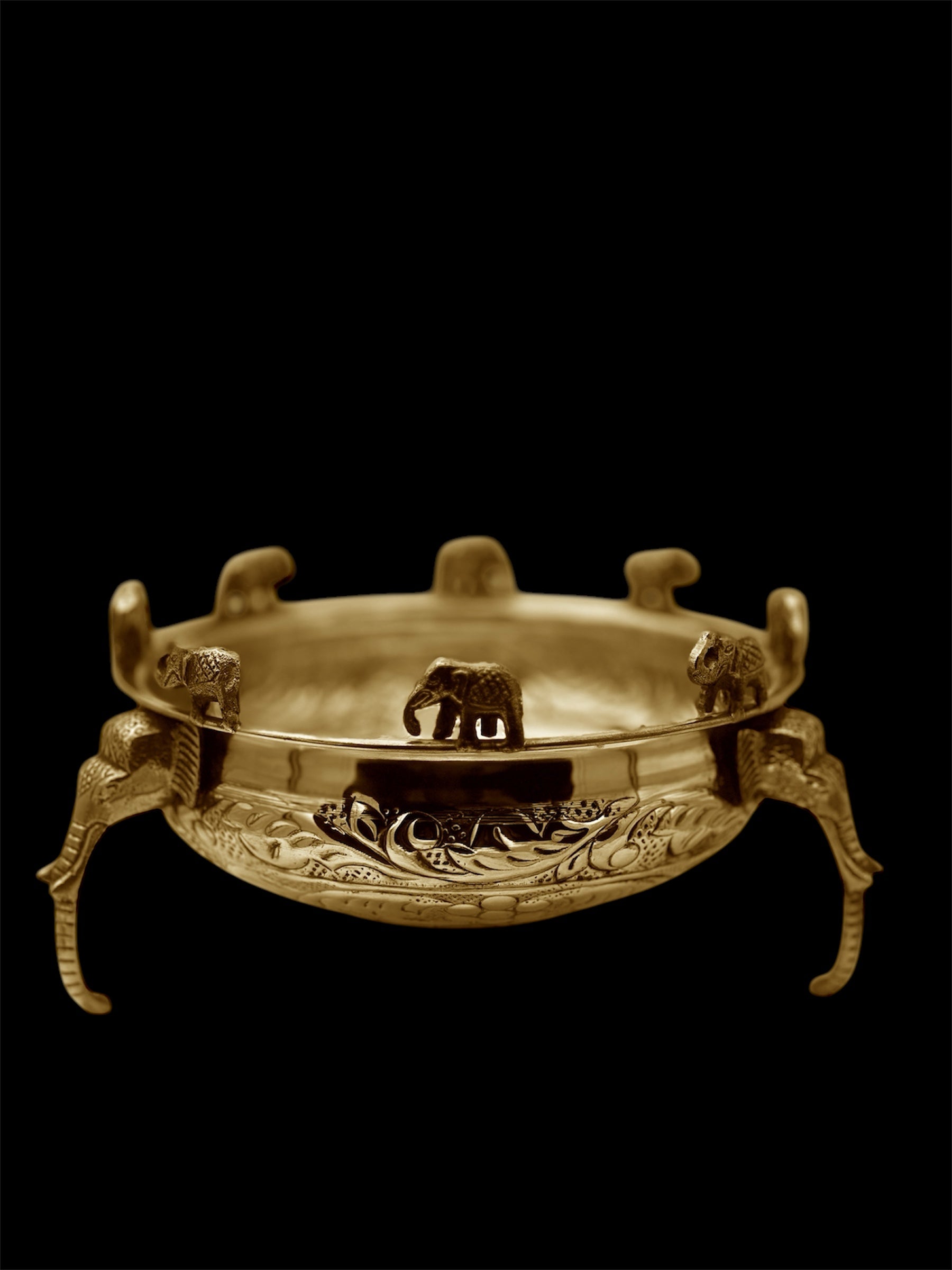 Brass Decorative Urli for Home Decoration | Embossed Urli | Elephant Brass Highly Polished Urli | Best for Diwali, Pooja, Mandir, Festive Decoration