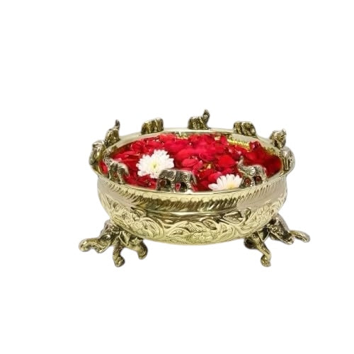 Brass Decorative Urli for Home Decoration | Embossed Urli | Elephant Brass Highly Polished Urli | Best for Diwali, Pooja, Mandir, Festive Decoration