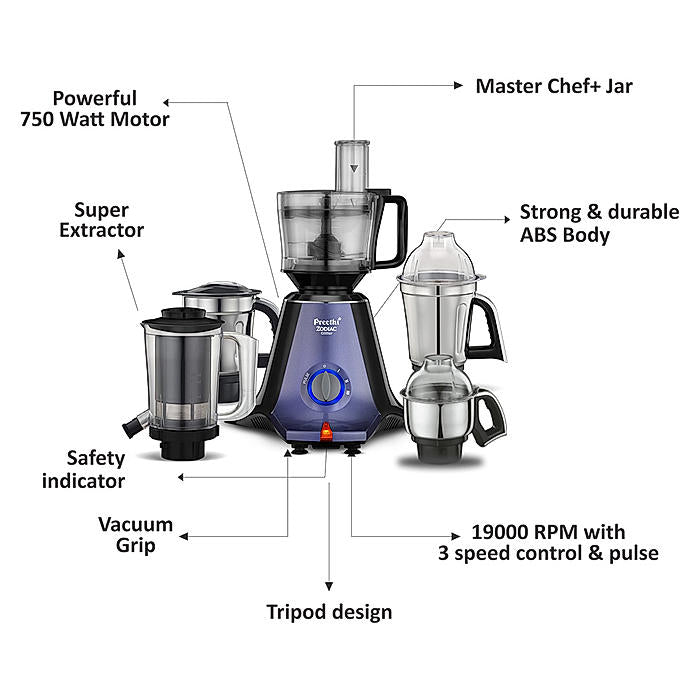 Preethi Zodiac Glitter MG 264, 750 Watts, 5 Jars including Masterchef Jar, Super Extractor, 5 Yr Motor Warranty & Lifelong Free service, Lavender/Black