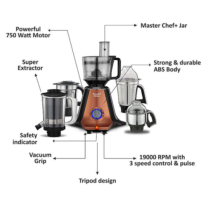 Preethi Zodiac Stardust MG 265, 750 Watts, 5 Jars including Masterchef Jar, Super Extractor, 5 Yr Motor Warranty & Lifelong Free service, Copper/Black