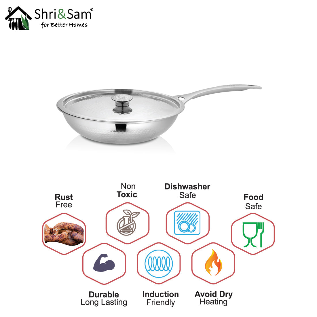 Stainless Steel Heavy Weight Hammered Fry Pan with SS Lid Platinum