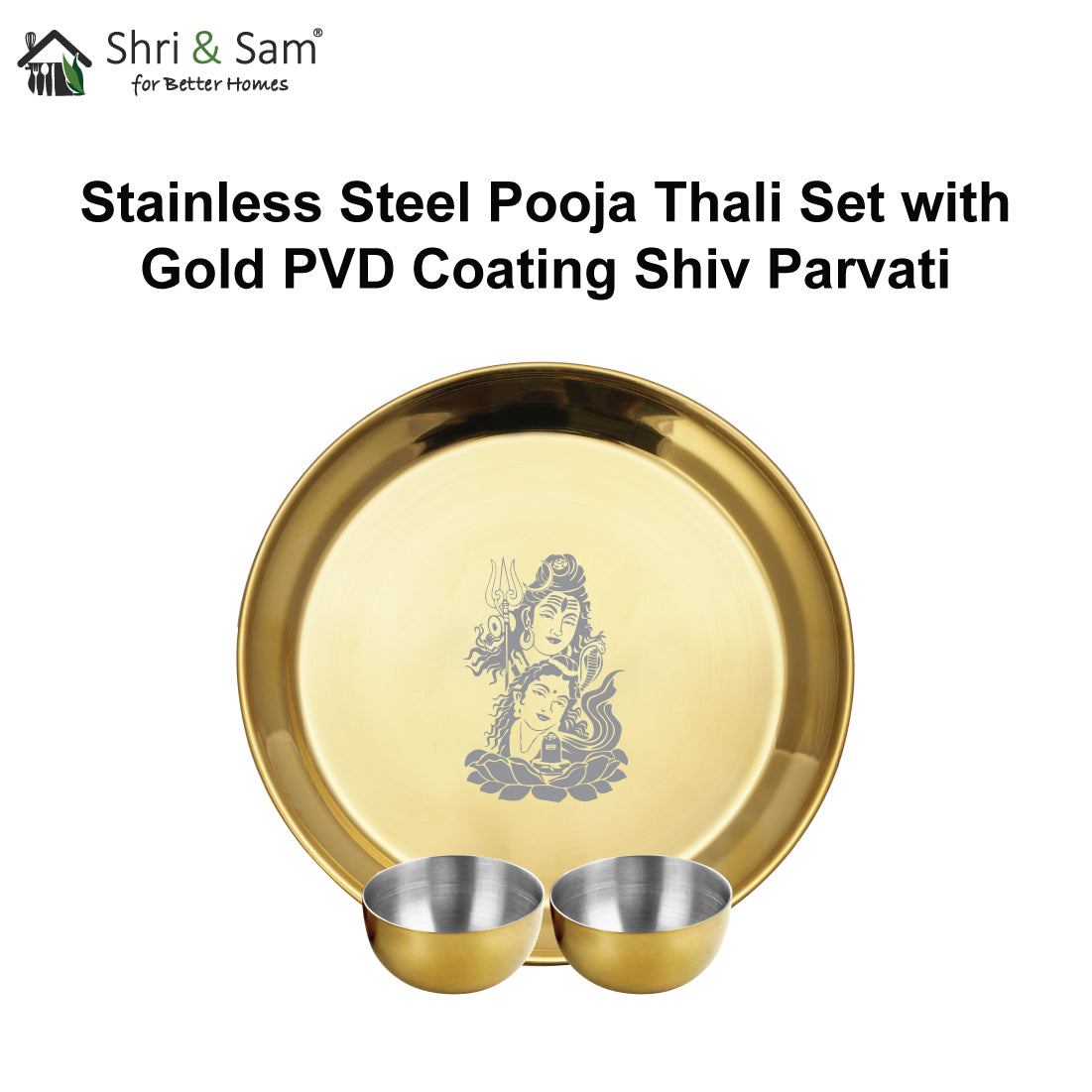 Stainless Steel Pooja Thali Set with Gold PVD Coating Shiv Parvati