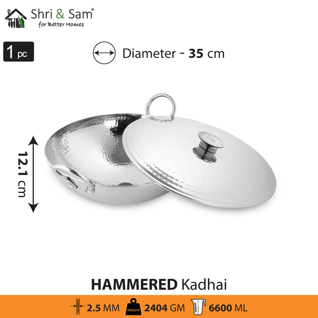 Stainless Steel Triply Deep Hammered Kadhai with SS Lid Pro