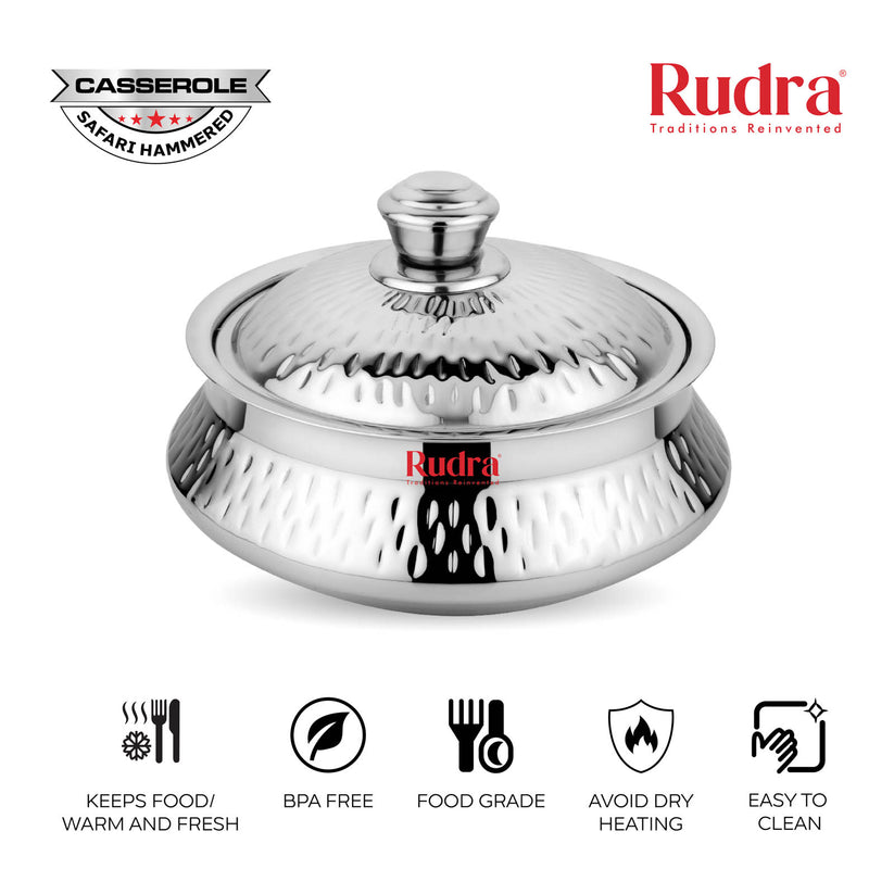 RUDRA Safari Hammered Double Walled Stainless Steel Casserole, | PU Insulated | Hot &Cold | Hygiene | Odourless|Easy to Carry