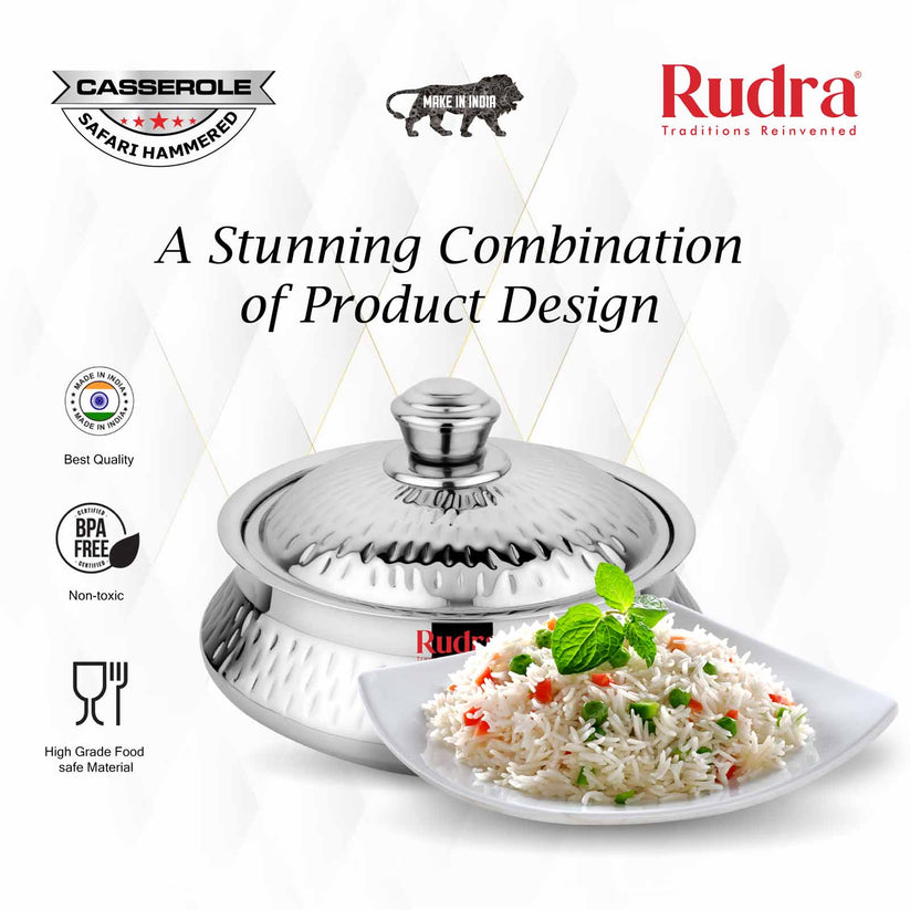 RUDRA Safari Hammered Double Walled Stainless Steel Casserole, | PU Insulated | Hot &Cold | Hygiene | Odourless|Easy to Carry