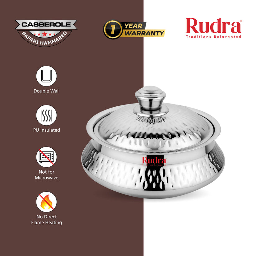 RUDRA Safari Hammered Double Walled Stainless Steel Casserole, | PU Insulated | Hot &Cold | Hygiene | Odourless|Easy to Carry