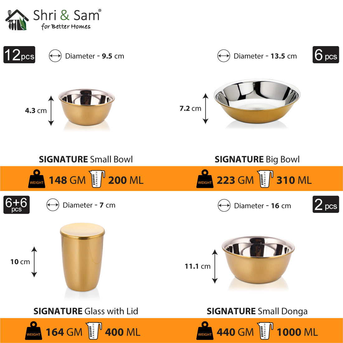 Stainless Steel 64 PCS Dinner Set (6 People) with Gold PVD Coating Signature - Shiny