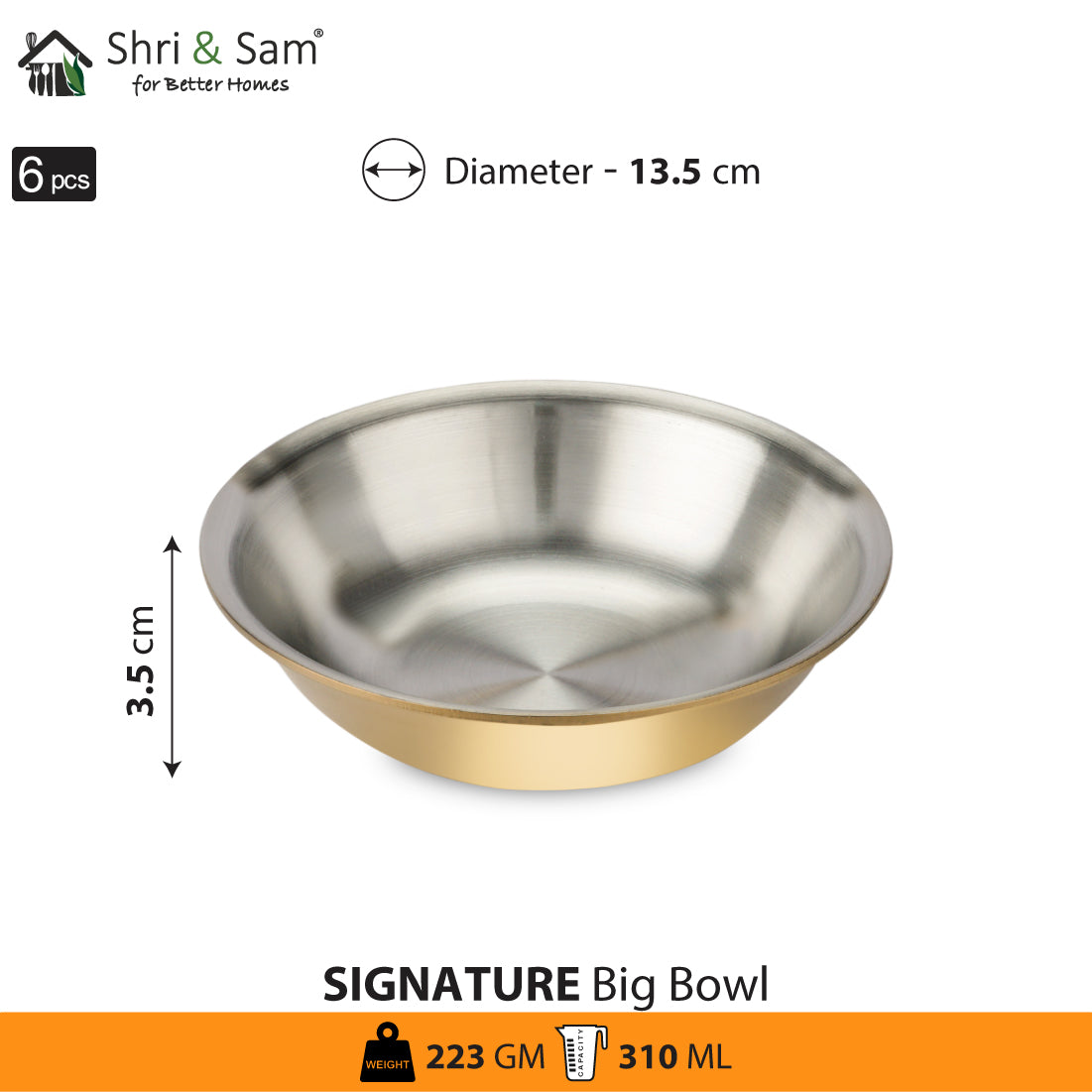 Stainless Steel 6 PCS Big Bowl with Gold PVD Coating Signature - Matt