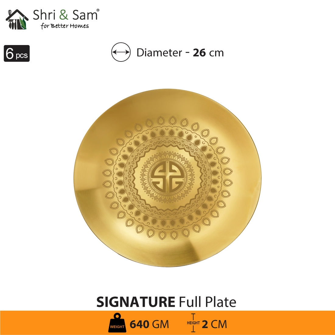 Stainless Steel 6 PCS Full Plate with Gold PVD Coating and Laser Signature - Matt