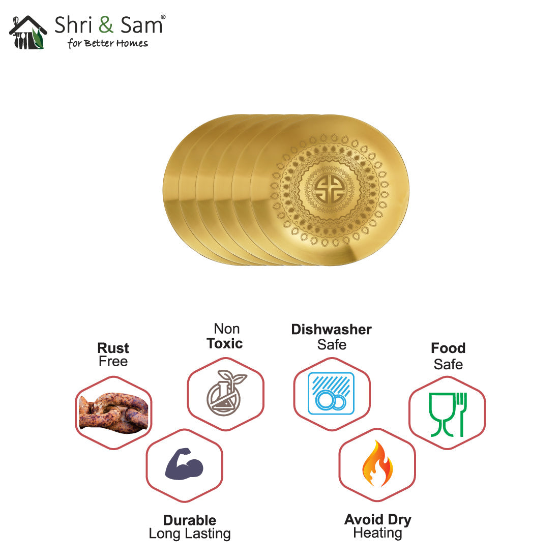 Stainless Steel 6 PCS Full Plate with Gold PVD Coating and Laser Signature - Matt