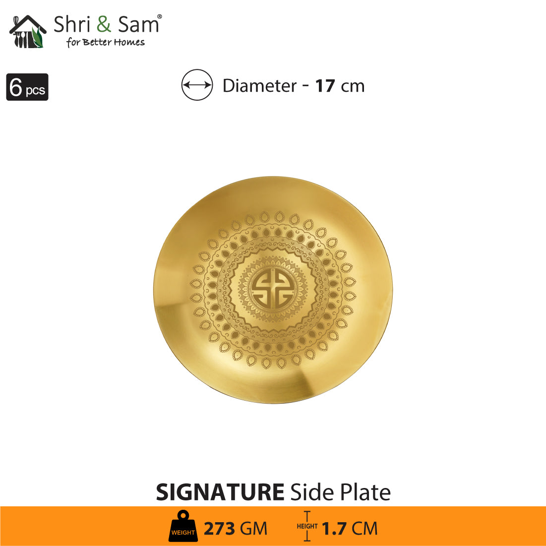 Stainless Steel 6 PCS Side Plate with Gold PVD Coating and Laser Signature - Matt