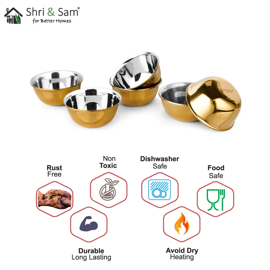 Stainless Steel 6 PCS Small Bowl with Gold PVD Coating Signature - Shiny