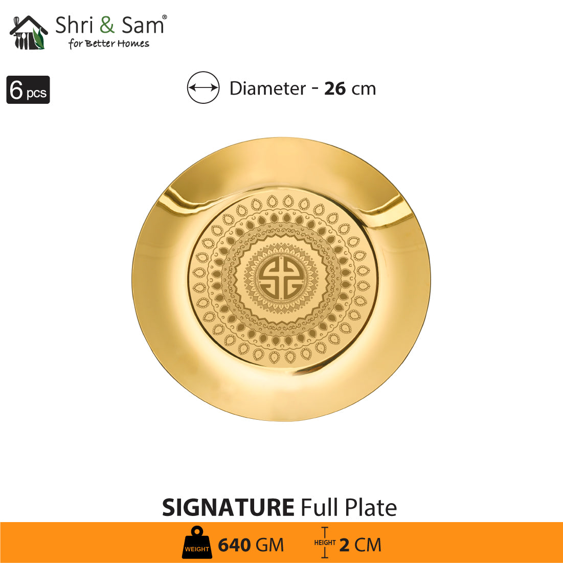 Stainless Steel 6 PCS Full Plate with Gold PVD Coating and Laser Signature - Shiny