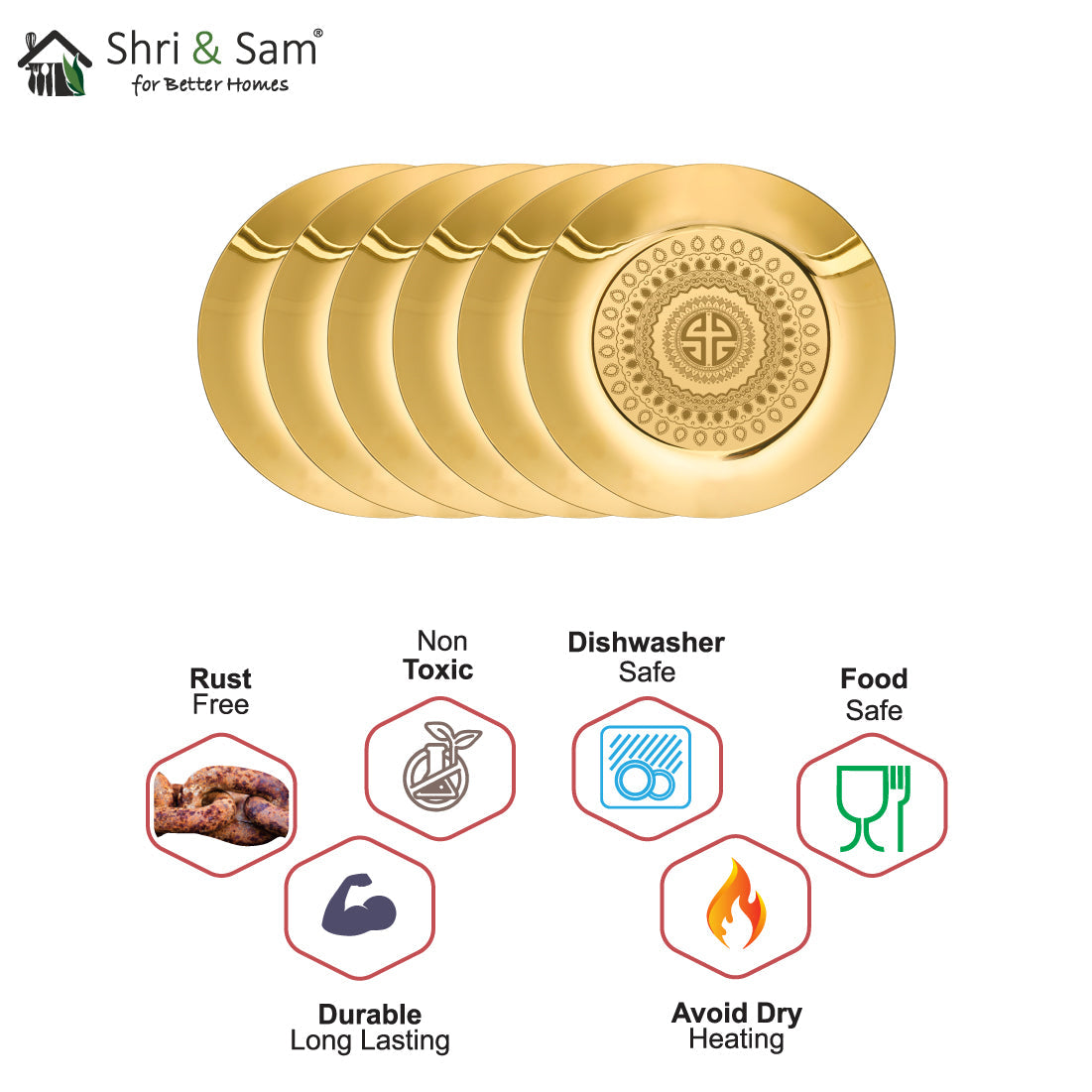 Stainless Steel 6 PCS Full Plate with Gold PVD Coating and Laser Signature - Shiny
