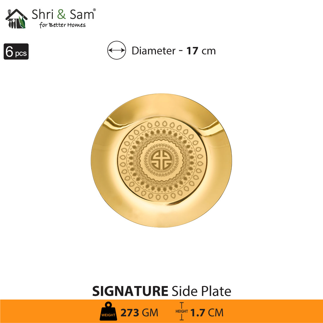 Stainless Steel 6 PCS Side Plate with Gold PVD Coating and Laser Signature - Shiny