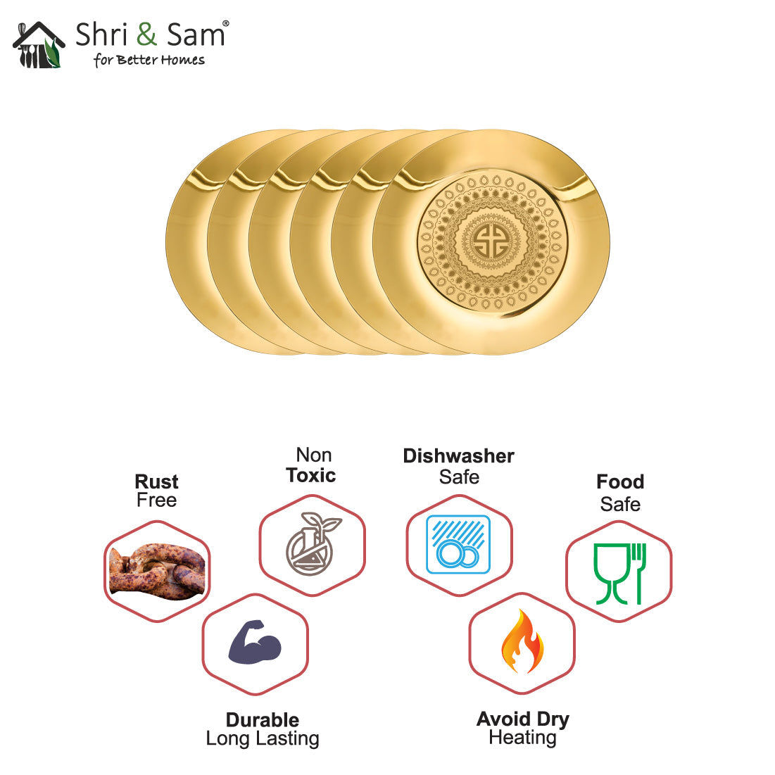 Stainless Steel 6 PCS Side Plate with Gold PVD Coating and Laser Signature - Shiny