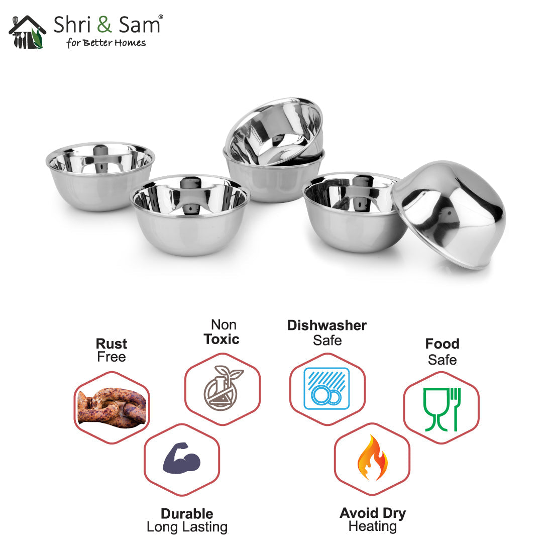 Stainless Steel 6 PCS Small Bowl Signature - Shiny