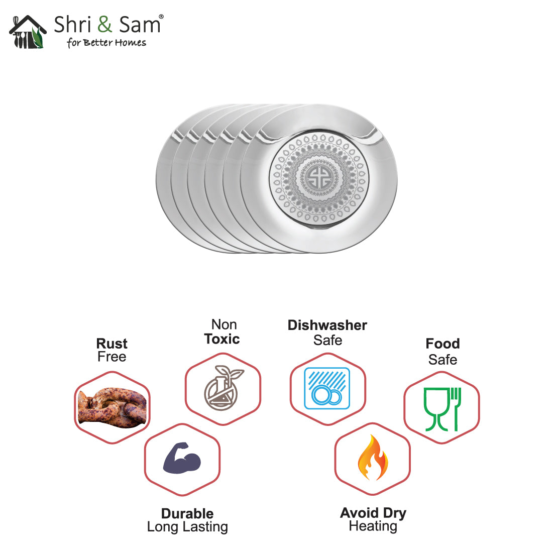 Stainless Steel 6 PCS Full Plate with Laser Signature - Shiny