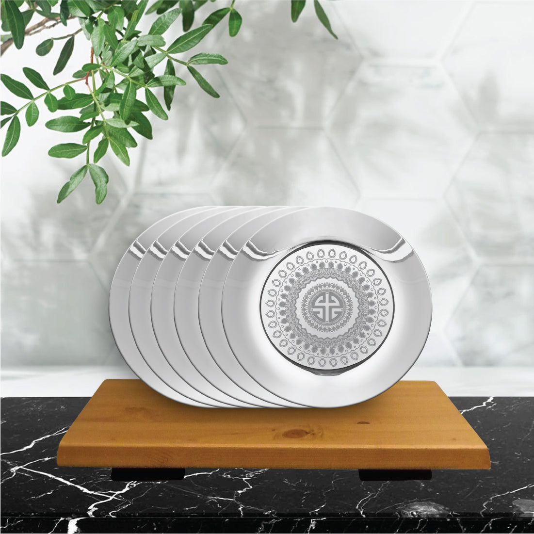 Stainless Steel 6 PCS Side Plate with Laser Signature - Shiny