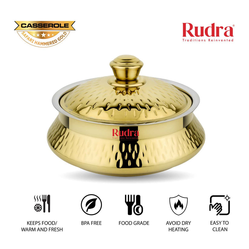 RUDRA Safari Hammered Gold Double Walled Stainless Steel Casserole, | PU Insulated | Hot &Cold | Hygiene | Odourless|Easy to Carry