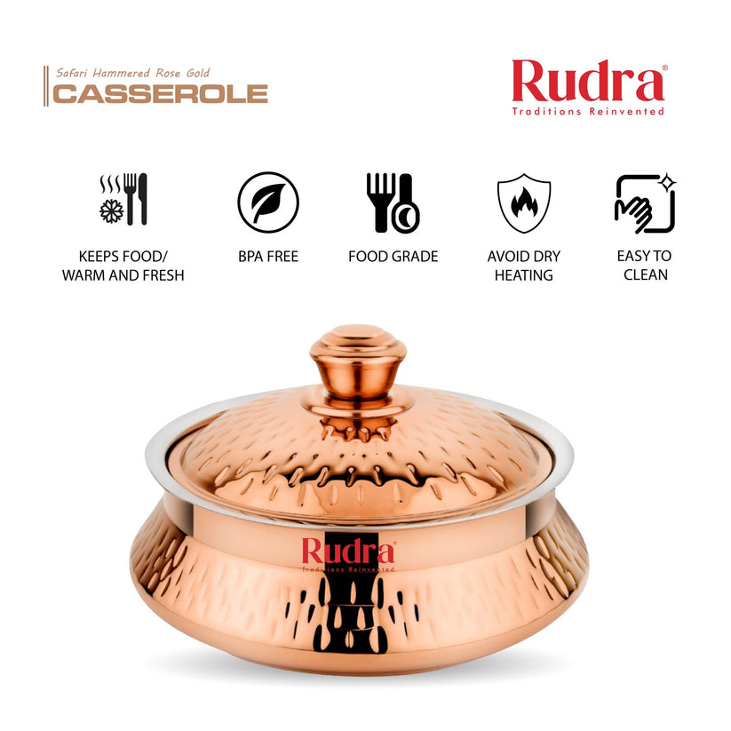 RUDRA Safari Hammered Rose Gold Double Walled Stainless Steel Casserole