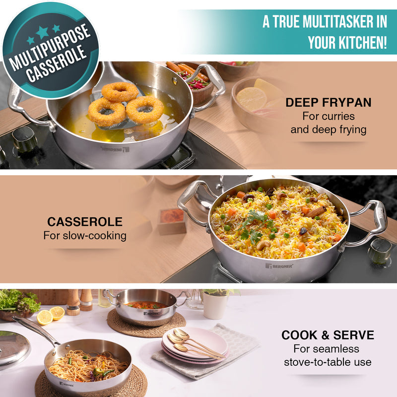 Bergner Argent Saiba Tri-Ply Stainless Steel Multi Purpose Casserole with Curved Shape Lid and Welded Cast Handles, Less Oil Cooking - Induction Bottom