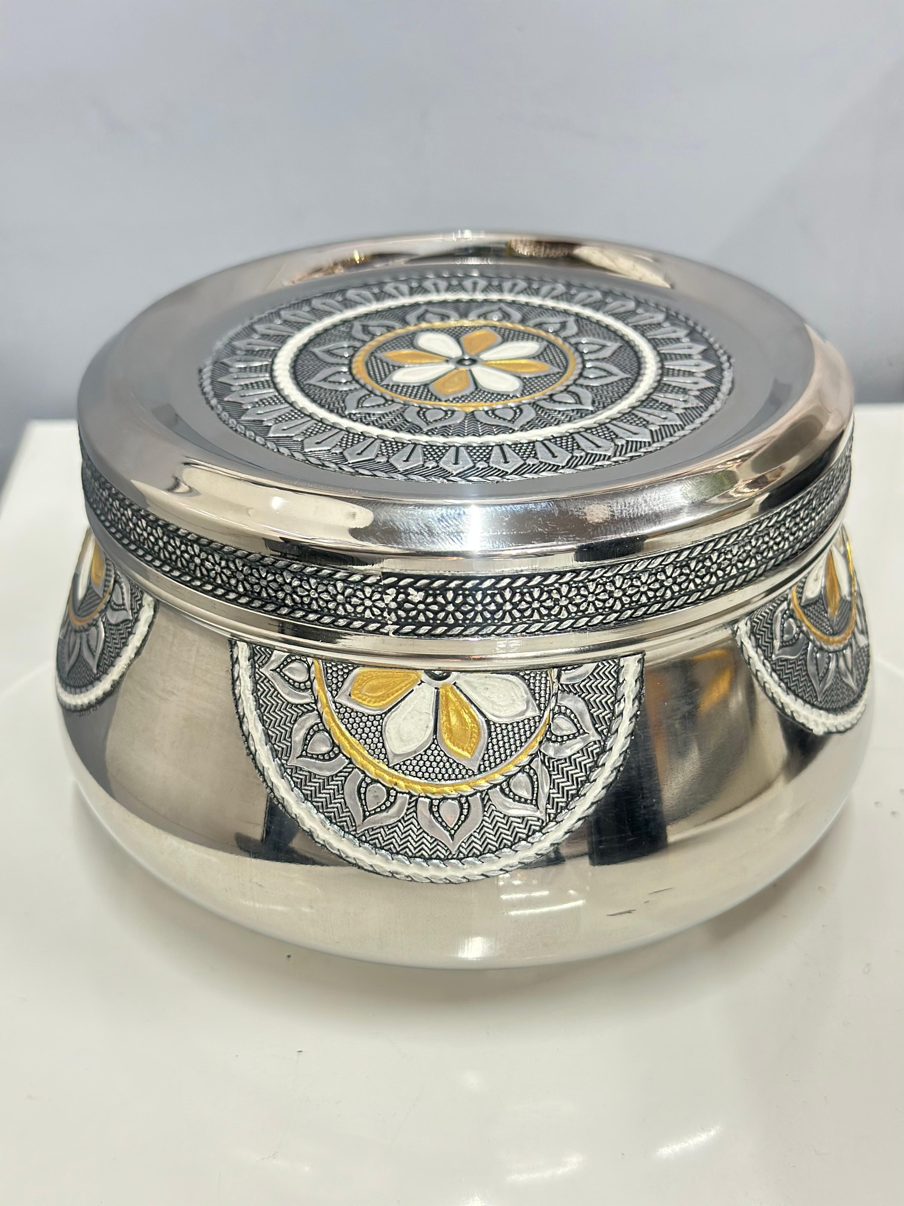 Lime Stainless Steel Belly Shape Dabba, Food storage Meenakari Work