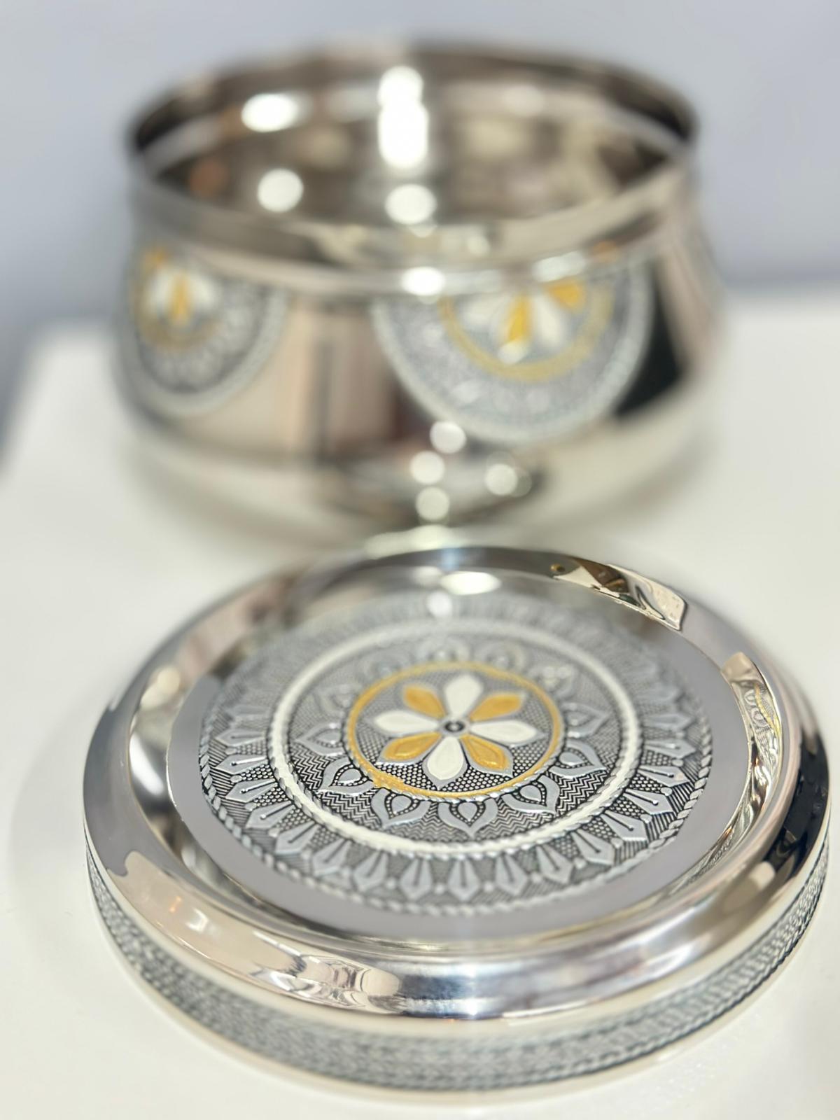 Lime Stainless Steel Belly Shape Dabba, Food storage Meenakari Work