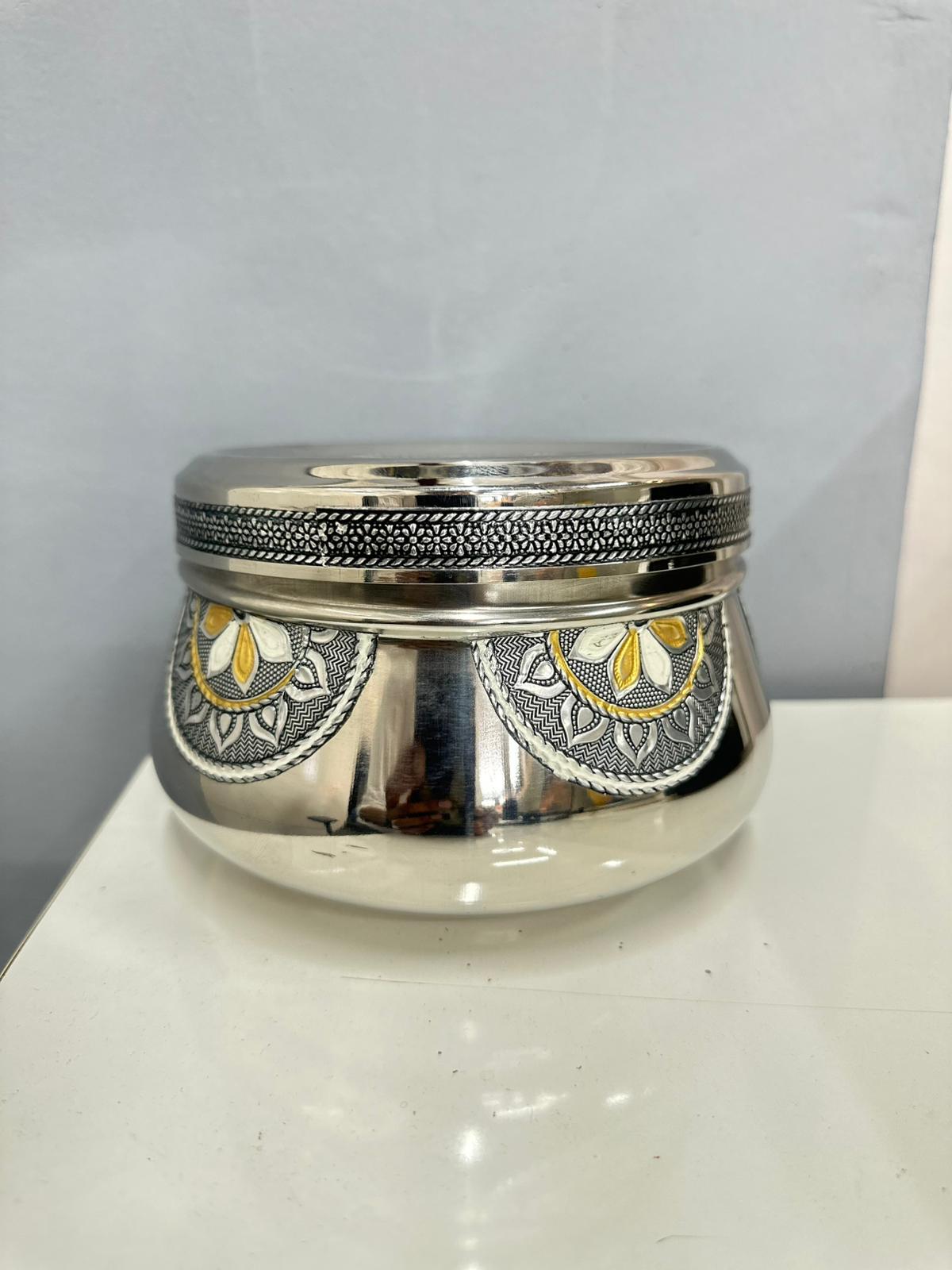Lime Stainless Steel Belly Shape Dabba, Food storage Meenakari Work