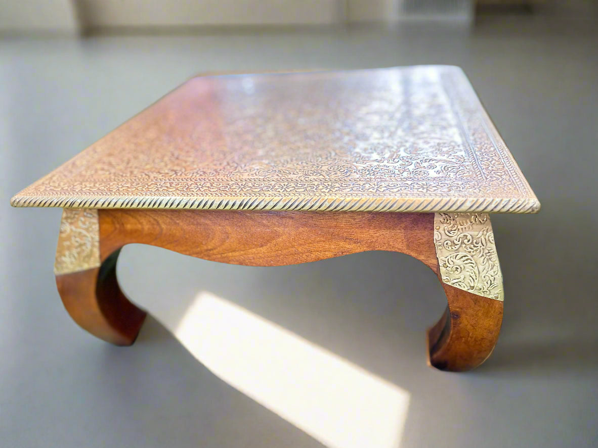 LIME Wooden Chowki | Brass Work Pooja Bajot Stool | Home Decor Sitting Table - 16 Inch