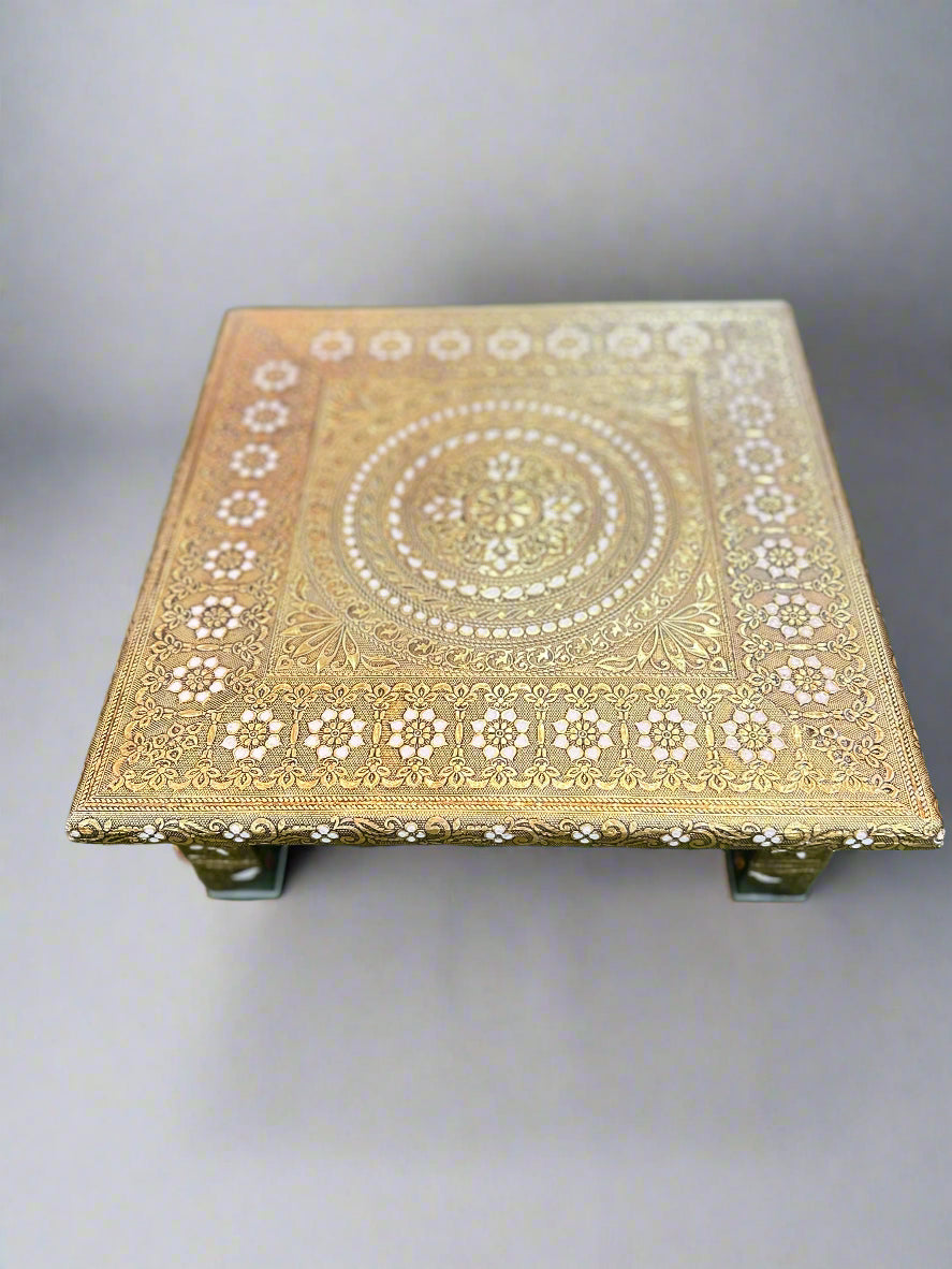 LIME, Stainless Steel Oxidised Square Pooja Chowki/Bajot with Embossed Aluminium Art, Pooja Bajoth, Marriage Bajoth, Oxidised Silver