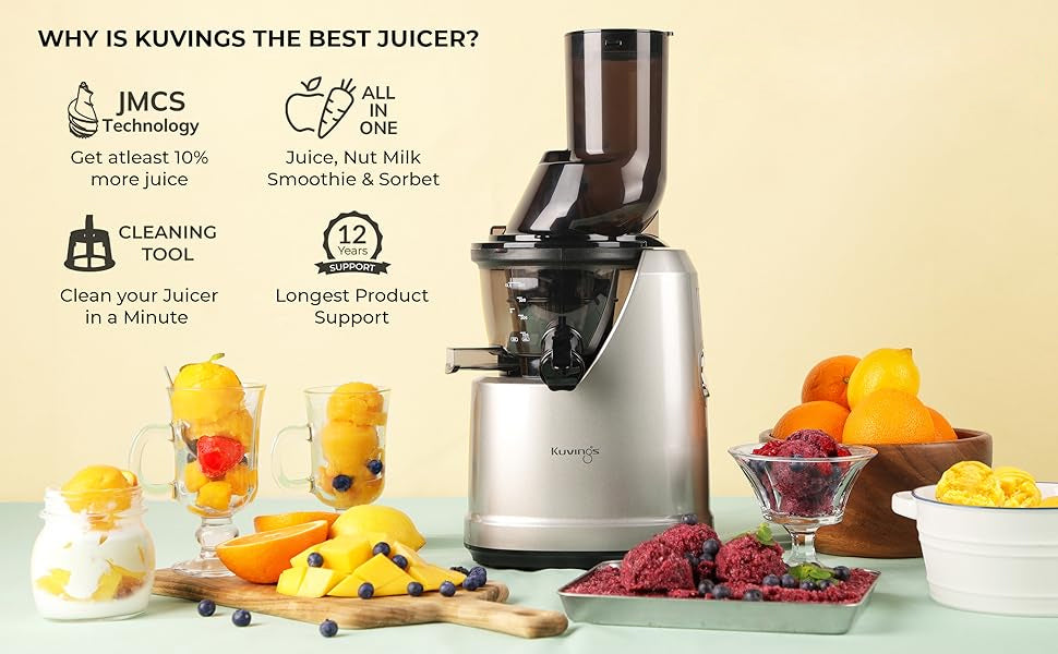 Kuvings B1700 (with strainer)(Dark Silver/ )Cold Press Juicer for Home with Attachments, All-in-1 Juicer for Fruits, Vegetables & Nut Milk, Smoothie & Sorbet, Patented JMCS Technology 10% More Juice, 12 Yrs Warranty