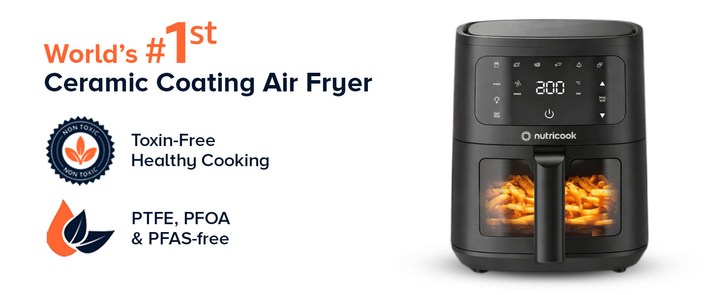 Nutricook 4.5L Air Fryer Essential, 2026 New Launch, 100% Toxin-Free Ceramic Coating - No PTFE, PFAS, PFOA or Microplastics, Clear Window, 1300W, 6 Cooking Programs, 2-Year Warranty