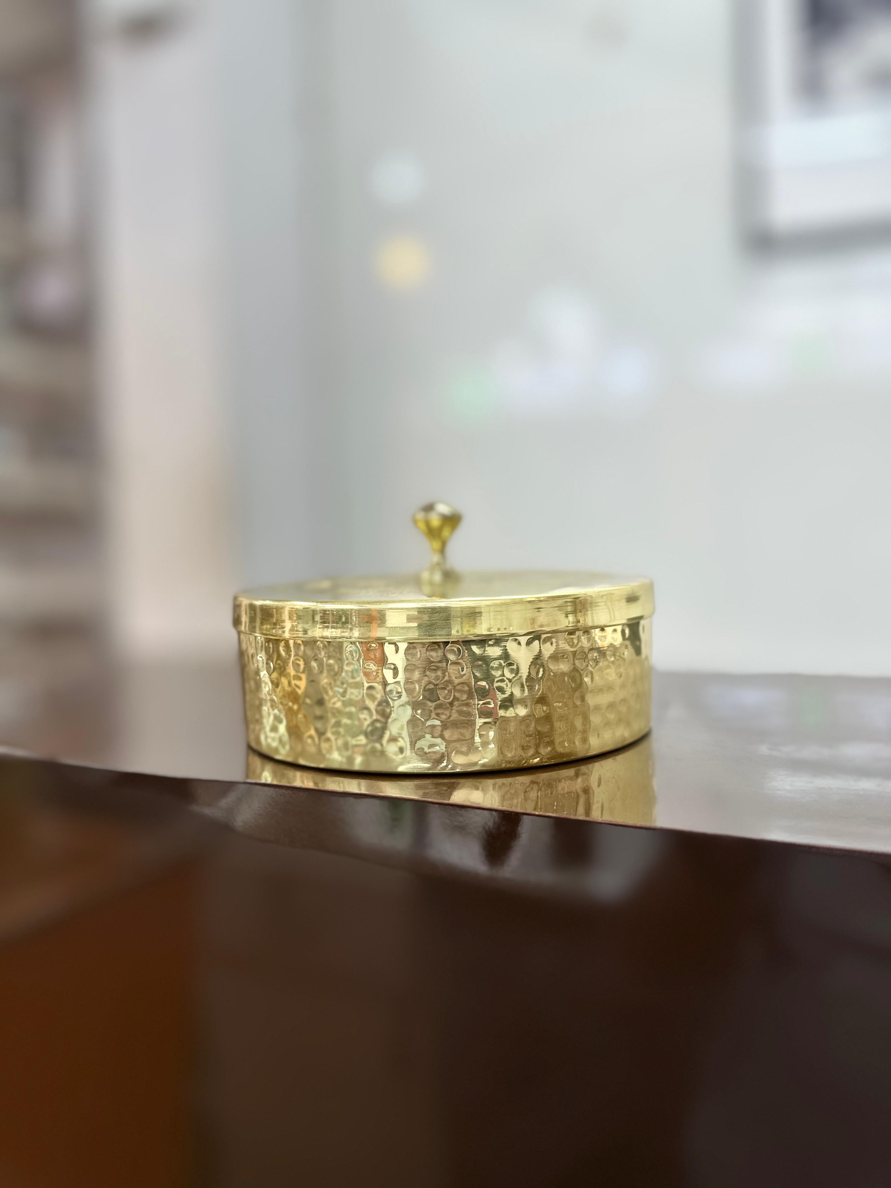 LIME Pure Brass Masala Box Set with Brass Spoon Container Hammered