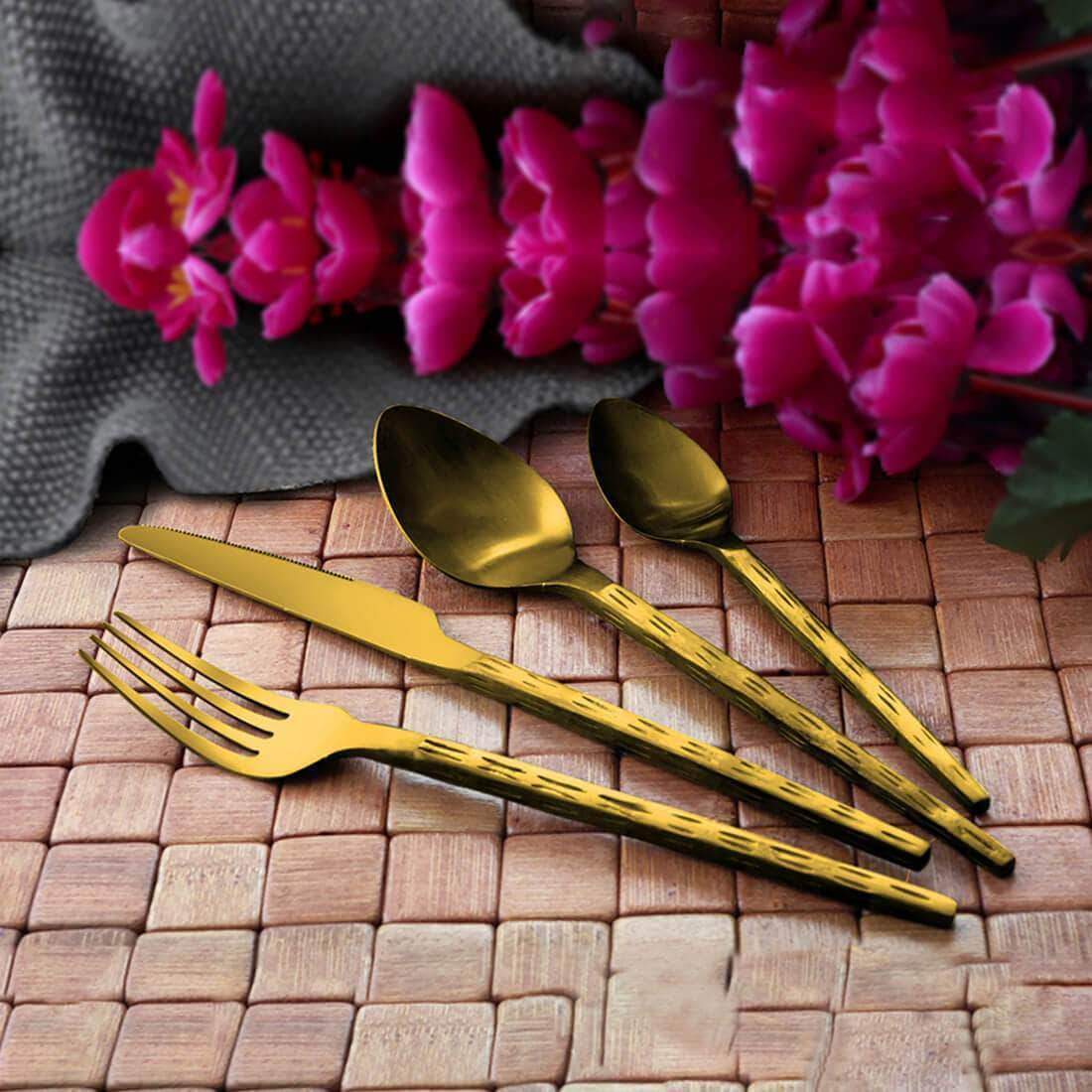 Jagdamba Cutlery Pvt Ltd. Cutlery Black 24 PCS Cutlery Set with PVD Coating - Rod Rice Hammered - Hand Crafted