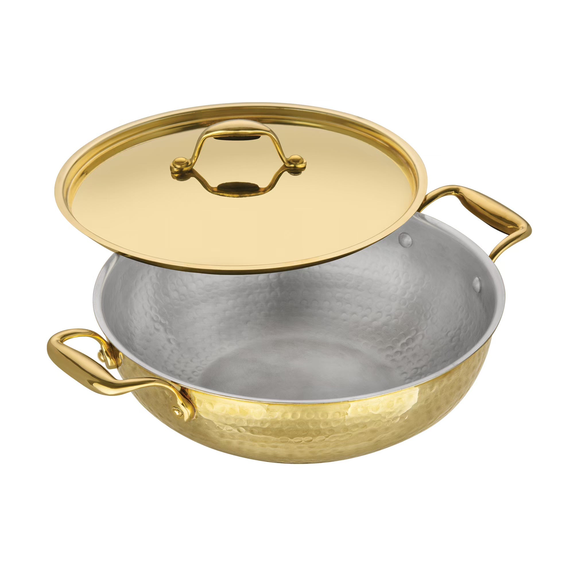 LIME Brass Kadhai With Kalai (Tin) Coating Teflon Free Naturally Non Stick Brass Kadai for Cooking Serving with Lid Handle On Both Side Heat Resistance