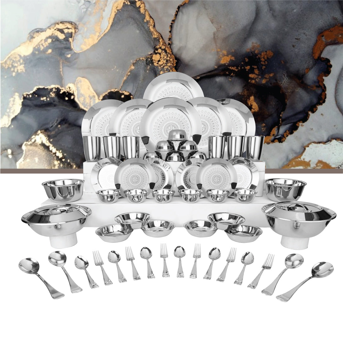Stainless Steel 64 PCS Dinner Set (6 People) with Laser Signature - Shiny