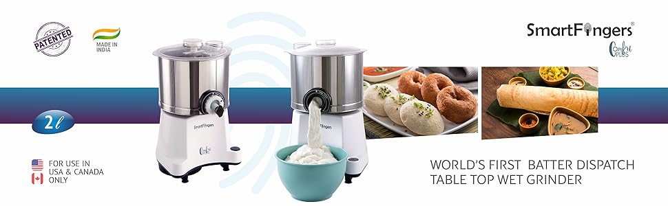 SmartFingers Stainless Steel Comfort Plus Table Top Magic Wet Grinder 110V 60Hz (2 L) For Usa Canada And Japan Only, White