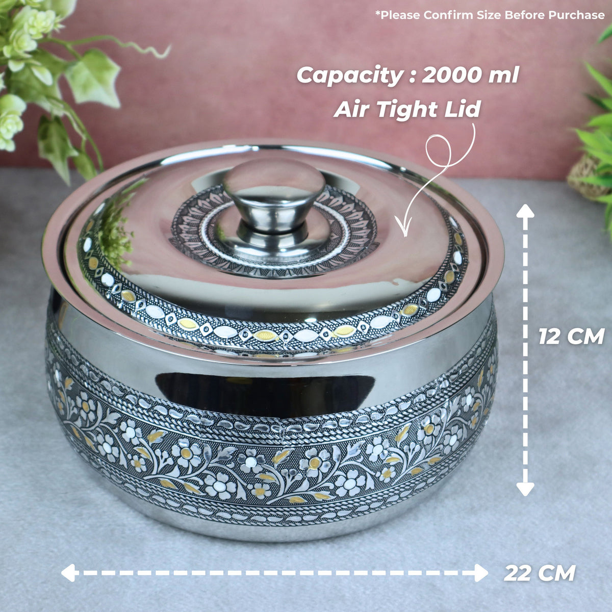 LIME Stainless Steel Casserole / Hot Pot with Lid | Oxidized Meenakari Chapati Box Thermoware Casserole (2000 ml)